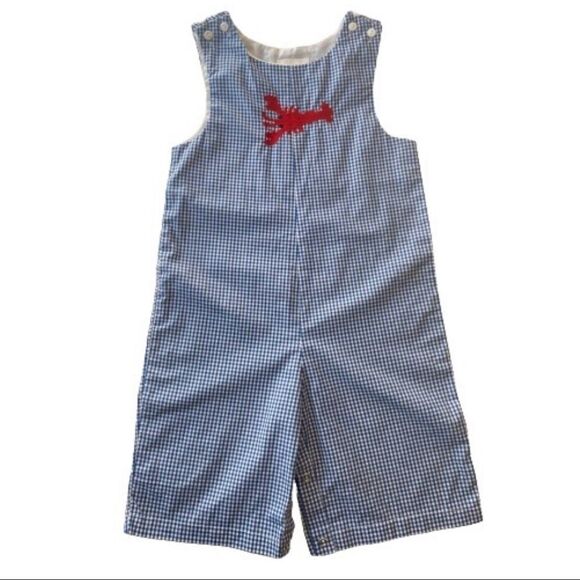 Lobster Embroidered in Red on Navy and White Checkered Overalls Longall 3T  - Picture 1 of 7